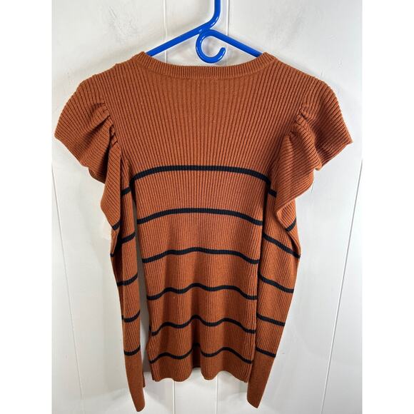 7 for All Mankind Brown Striped Cashmere Blend Puff Shoulder Crew Neck Sweater - Picture 6 of 9